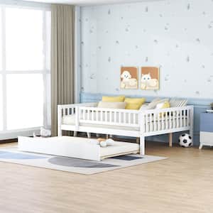 White Full Size Wood Daybed with Trundle and Fence Guardrails