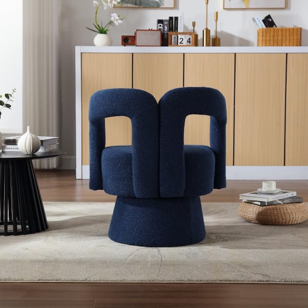 Navy Boucle 360° Swivel Accent Chairs, Round Armchairs with Wide Upholstered for Living Room