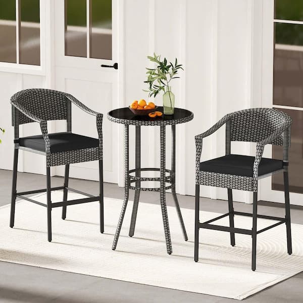 3-Piece Wicker Outdoor Bistro Set Patio Bar Height Armchairs & Round Table with Black Cushions