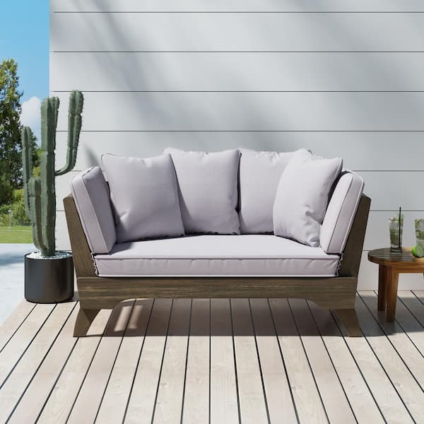 Misopily Acacia Wood Outdoor Day Bed with Water-Resistant Grey Cushion