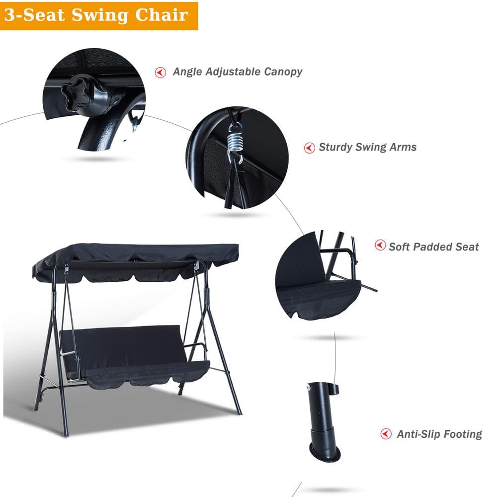 Black Steel Frame 3-Seat Outdoor Patio Swing with Adjustable Canopy