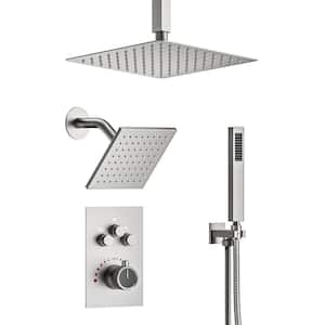 Triple Handle 7-Spray Patterns 12 in. Ceiling Mount Rainfall Shower Faucet with High Pressure in Brushed Nickel