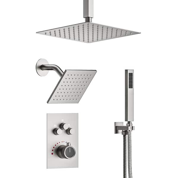 CRANACH Triple Handle 7-Spray Patterns 12 in. Ceiling Mount Rainfall Shower Faucet with High Pressure in Brushed Nickel