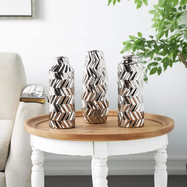 Litton Lane Silver Dimensional Chevron Textured Ceramic Decorative Vase with Varying Shapes (Set of 3)