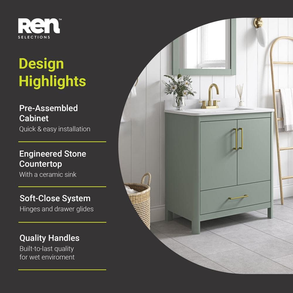 Sage Green Freestanding Bathroom Vanity with Engineered Marble Top