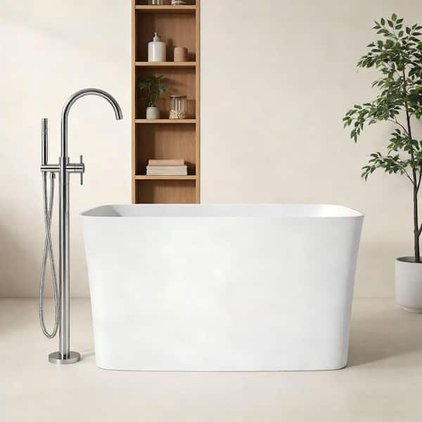 47.2 in. x 27.6 in. Solid Surface Stone Resin Freestanding Japanese Soaking Bathtub with Drain and Seat in Matte White