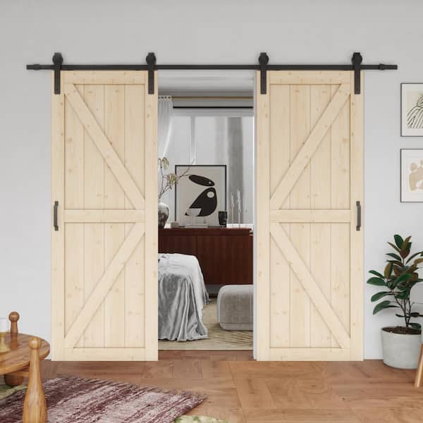 60 in. x 84 in. (Double 30 in. Doors) K-Frame Unfinished, Pine Wood, Barn Door Slab with Barn Door Hardware