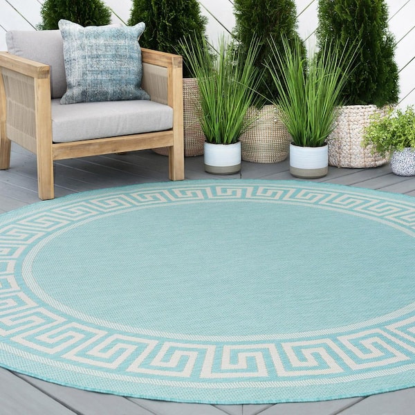 Eco Greek Key Aqua 8 ft. Round Indoor/Outdoor Area Rug