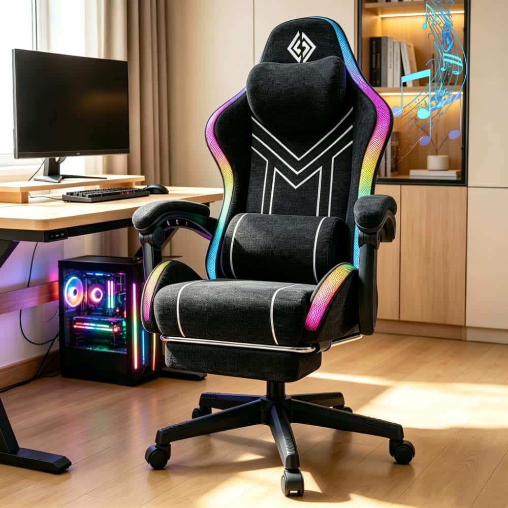 Fabric LED Gaming Chair with Bluetooth Speakers and Massage Ergonomic Computer Chair in Black with High Back