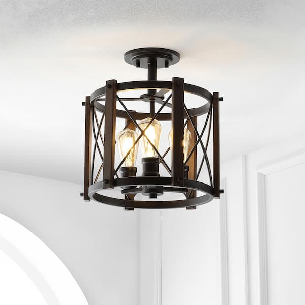 Jonathan Y Ferme 14 In 3 Light Iron Rustic Farmhouse Led Flush Mount Brown Oil Rubbed Bronze Jyl7502a The Home Depot - Rustic Ceiling Lights Flush Mount