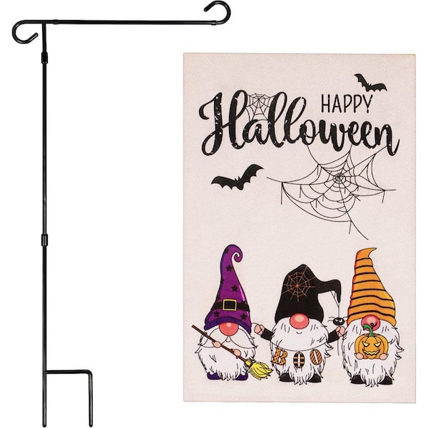 1 ft. x 1.5 ft. Polyester 3 Gnomes Spider Web 2-Sided Garden Flag Burlap with 36 in. Black Iron Garden Stand