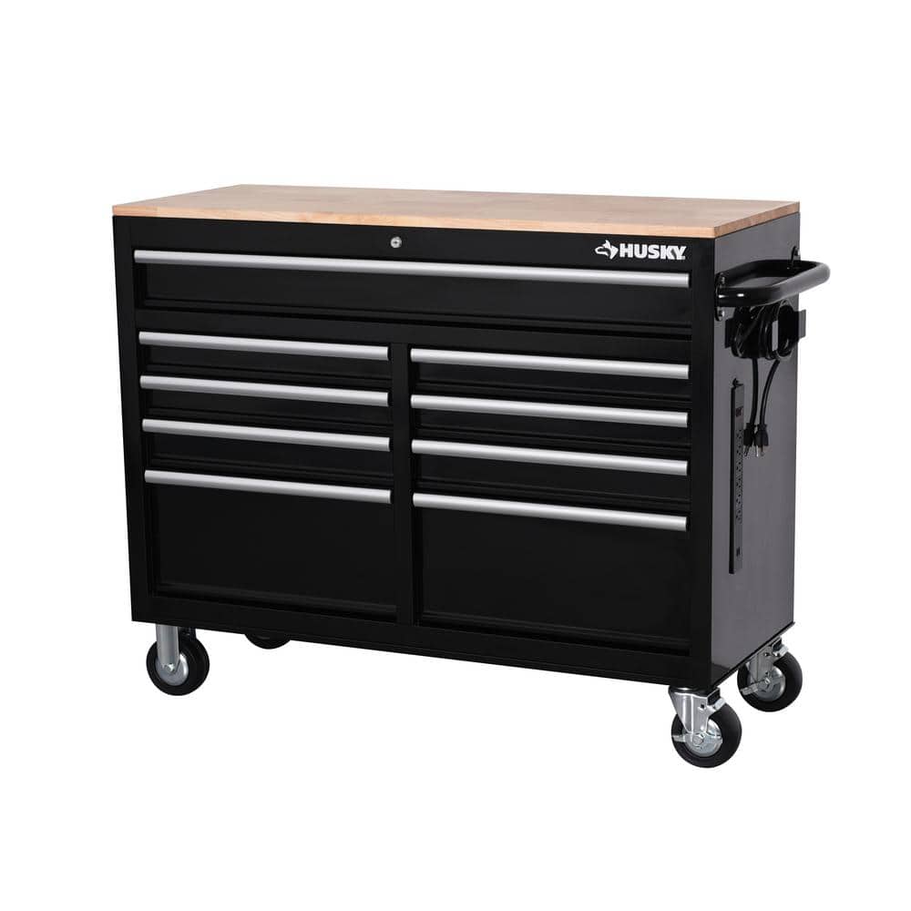 Husky 46 in. W x 18 in. D 9-Drawer Black Mobile Workbench Cabinet, Gloss Black with Silver Trim -  H46MWC9V18