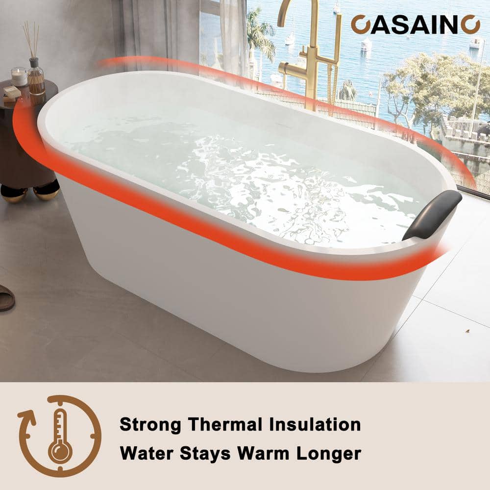 67" White Solid Surface Freestanding Soaking Tub with Black Pillow