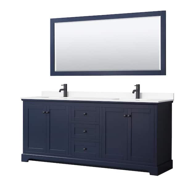 Wyndham Collection Avery 80 in. W x 22 in. D x 35 in. H Double Bath Vanity in Dark Blue with White Cultured Marble Top and 70 in. Mirror