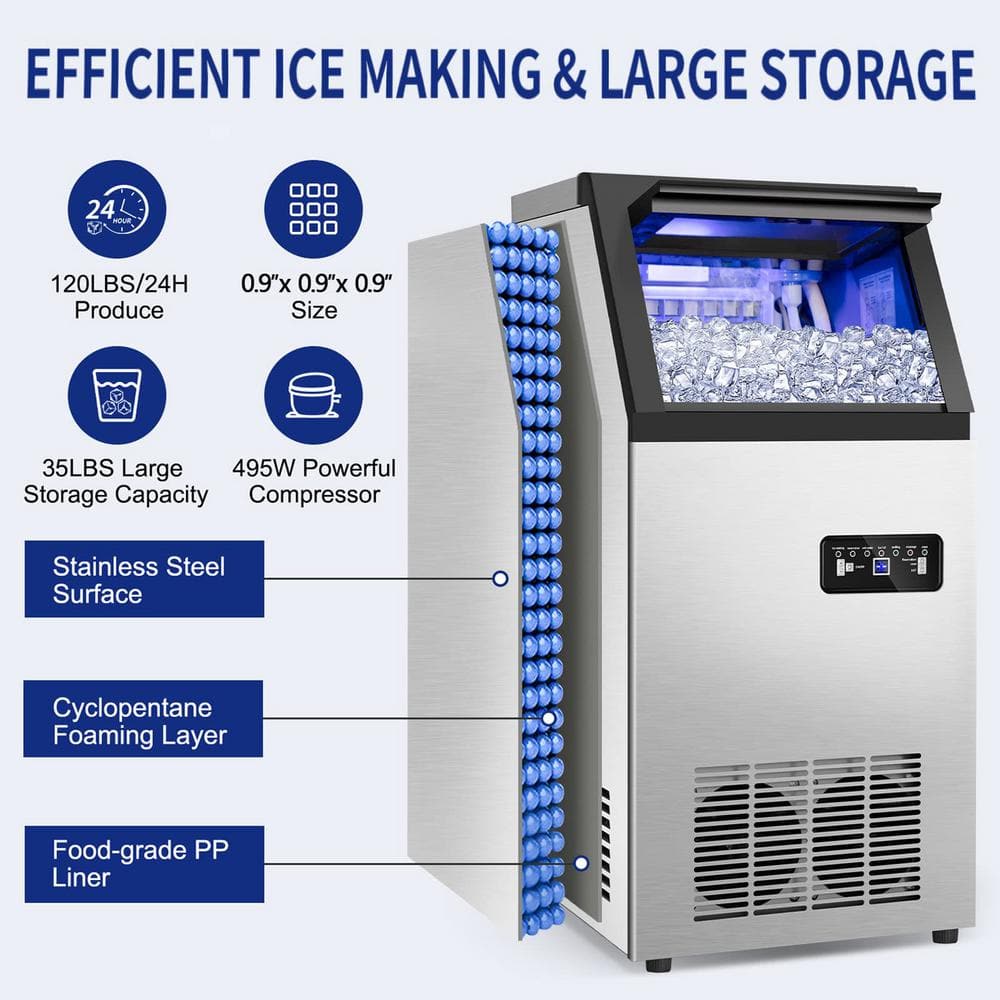 Stainless Steel Commercial Freestanding Ice Maker with 35lb Storage