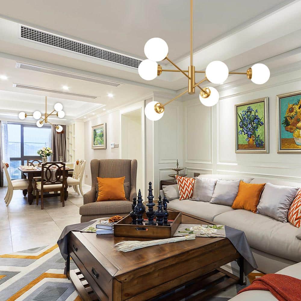 Gold Sputnik 6-Light Chandelier with White Glass Shades