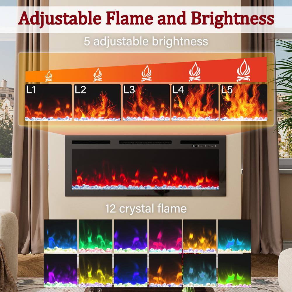 36" Black Glass Wall-Mount Electric Fireplace with Remote Control