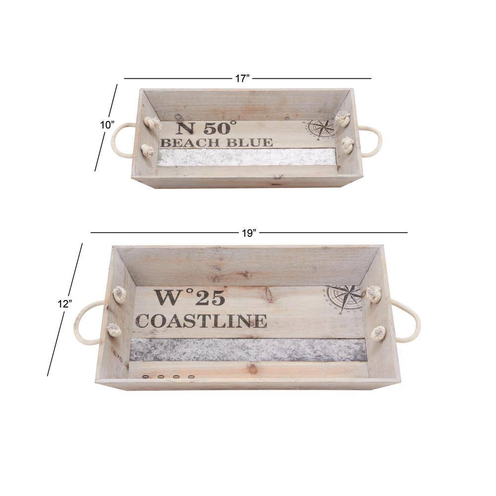 Coastal Charm White Wood Rectangular Tray Set with Metal Accents, 19" x 12"