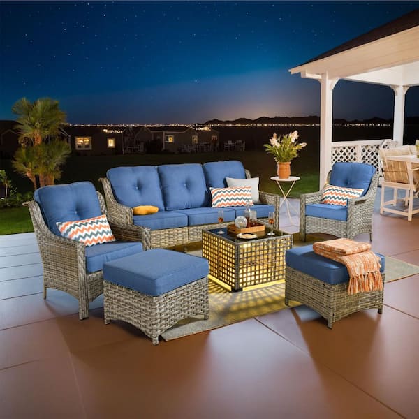 XIZZI Cristiano 6-Piece Wicker Patio Conversation Seating Sofa Set with Blue Cushions and a Lighted Coffee Table