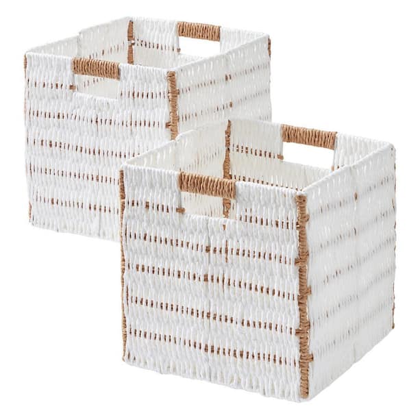 Wicker Paper Storage Basket Cube Bin (Set of 2) - White/Brown
