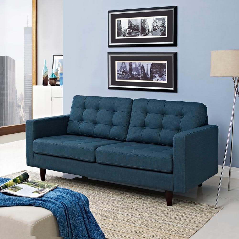 Azure Tufted Fabric Loveseat with Solid Wood Legs