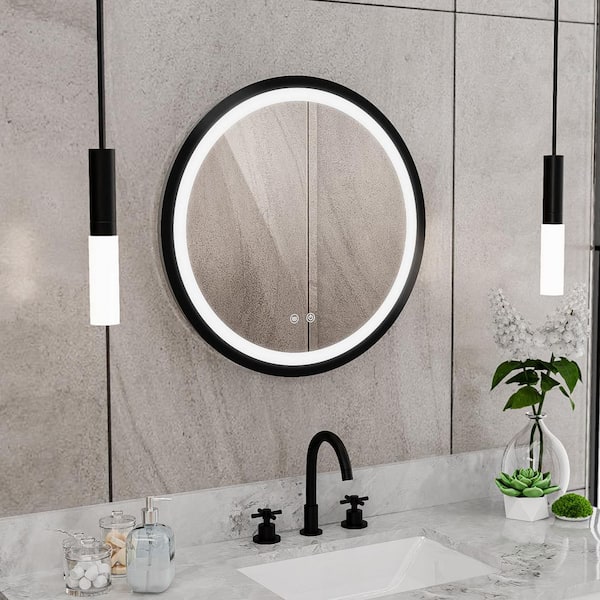 Brilliance 24 in. W x 24 in. H Round Framed Light-up Wall Mounted Bathroom Vanity Mirror in Matte Black