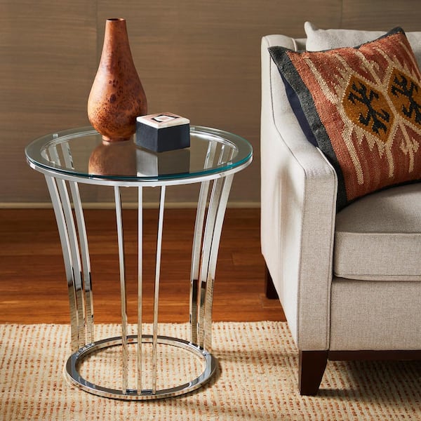 Gold 23 in. Tall Round Glass End Table