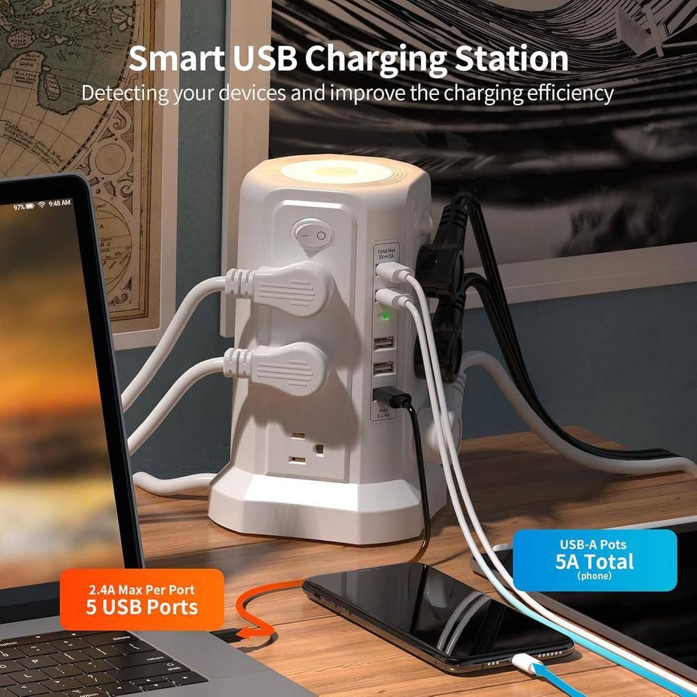 White Heavy Duty 12-Outlet Power Strip Tower with USB Ports