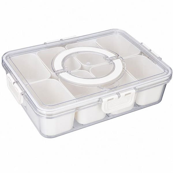 11 in. 8.45 fl. oz. White Plastic Divided Snack Container Serving Bowls, with Lid Handle Portable Holiday Food Storage