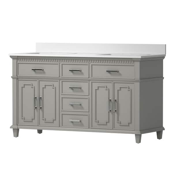 TOOLKISS 60 in. W x 22 in. D x 37.9 in. H Bath Vanity in Gray with White Engineered Quartz Composite Top