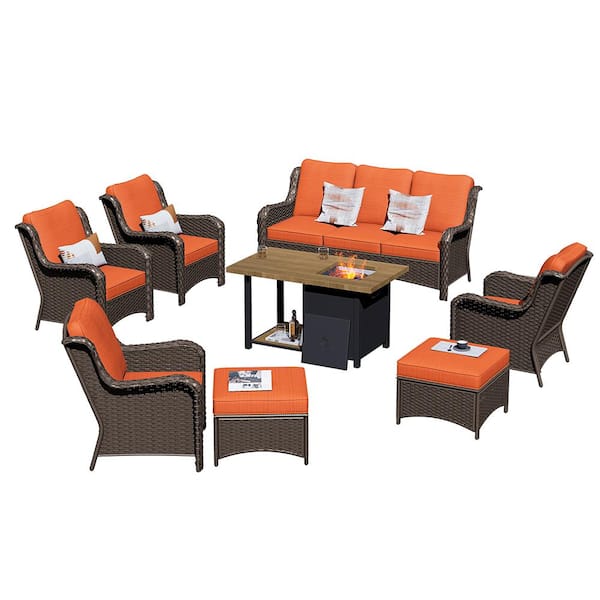 OVIOS Joyoung Brown 8-Piece Wicker Outdoor Patio Fire Pit Table Conversation Seating Set with Orange Red Cushions