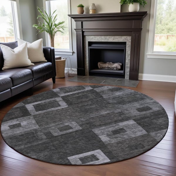 Mayfield Premium Machine Washable Abstract AMF1142 Black 8 ft. x 8 ft. Round Rug