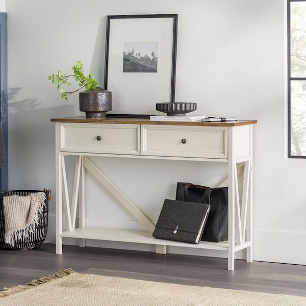 Welwick Designs 48 in. Rustic Oak/White Wash Solid Wood Farmhouse 2-Drawer  Console Table with Lower Shelf HD9487 - The Home Depot