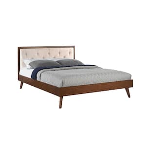Ames Mid Century Walnut Brown Wood Frame Queen Platform Bed with Oatmeal Tufted Headboard