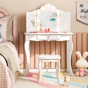 Kid Vanity Table Stool Set Tri-Folding Mirror Adjustable 3-Color LED Lights 27.5 in. White Dresser with Mirror