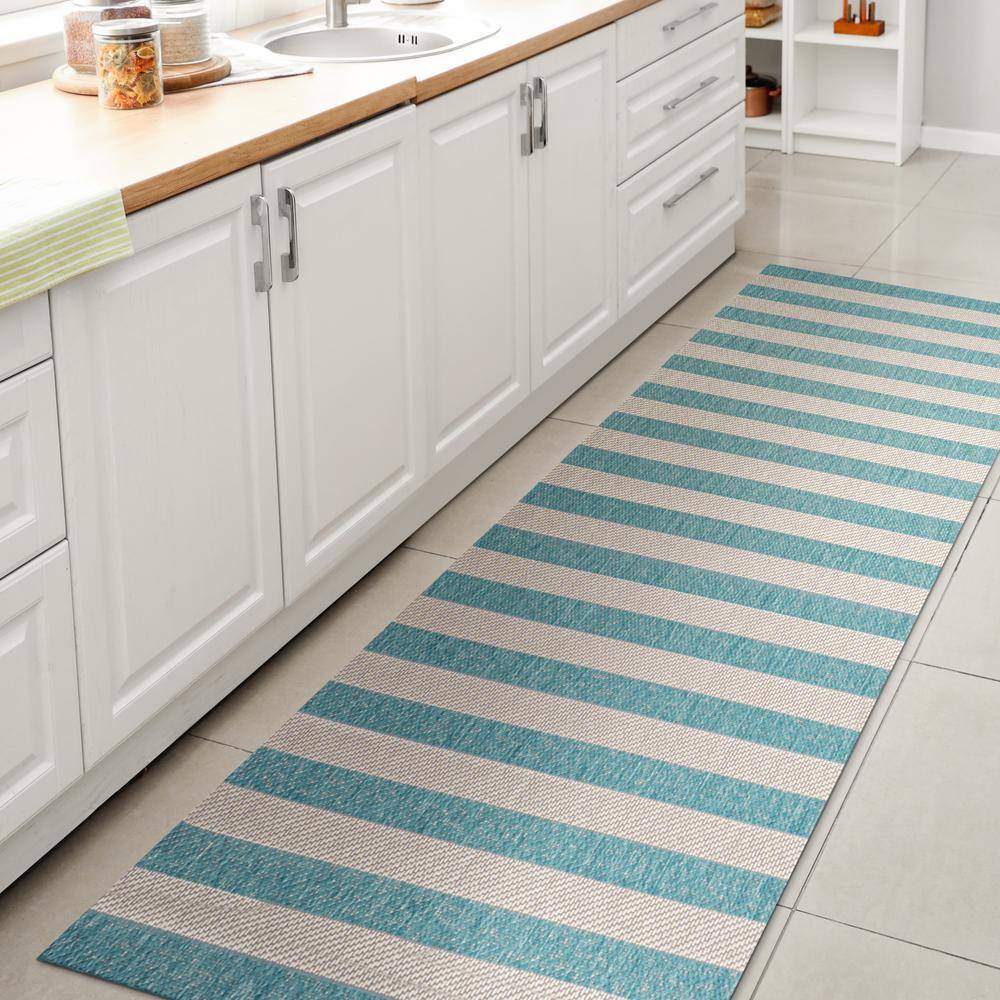 Ivory and Aqua Wide Stripe Reversible Indoor/Outdoor Rug