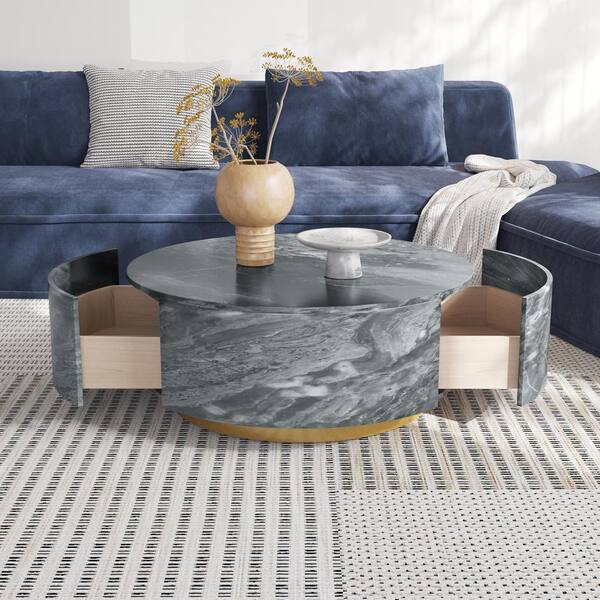 J&E Home 33.5 in. Galaxy Gray Round Marble Top Modern Minimalist Coffee