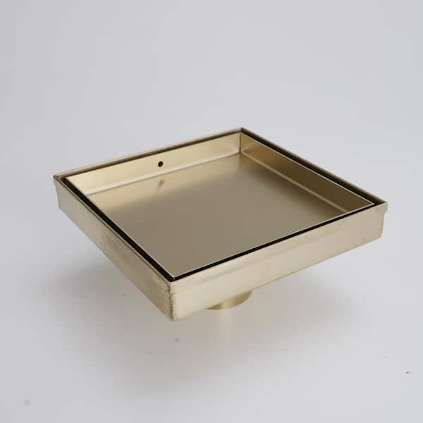 BWE 6 in. Square Stainless Steel Shower Drain Square Shower Floor Drain with Slot Pattern Drain Cover In Brushed Gold