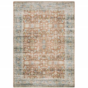 4' X 6' Rust Blue Ivory And Gold Oriental Printed Stain Resistant Non Skid Area Rug