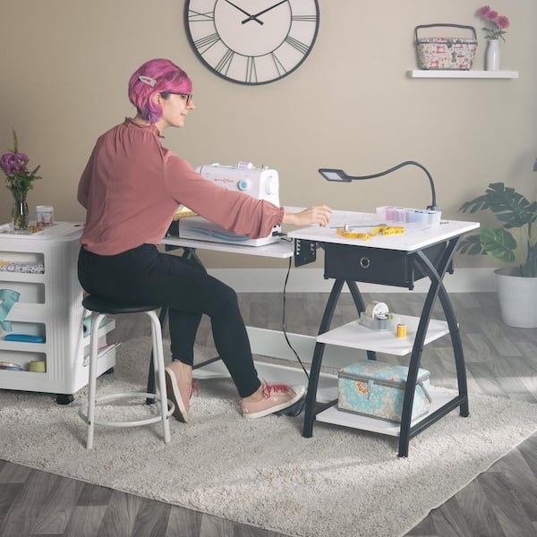 Sew Ready Pro Stitch Sewing Machine Table - 56.75 W x 23.75 D White Hobby  and Sewing Machine Table with Storage Shelf and 3 Storage Drawers - Can
