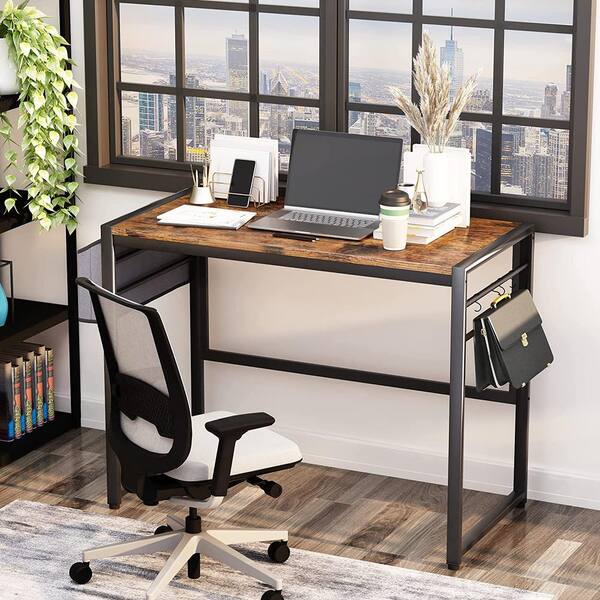 Modern Writing Desk - 40 inch Office Table with Storage and Hooks, Wood Computer Desk for Bedroom, Small Home Office, PC Table Desk, Rust Brown