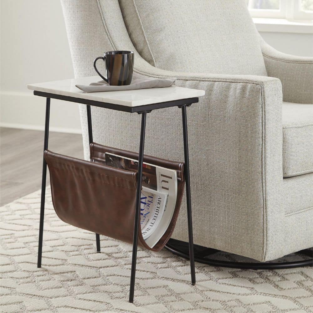 Etanbury 11.13 in. Brown/White Rectangular Marble End Table with Magazine Holder - thumbnail 8