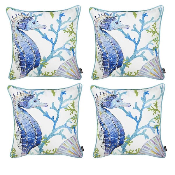MIKE & Co. NEW YORK Nautical Coastal Seahorse Decorative Set of 4-Throw Pillow Covers 18 in. x 18 in. Square White and Blue