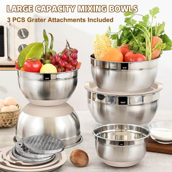 Wudkey 8-Pieces Stainless Steel Khaki Nesting Bowl w/ Grater