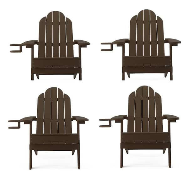 Miranda Coffee Brown Folding Recycled Plastic Outdoor Patio Adirondack Chair With Cup Holder for Firepit Pool Set of 4