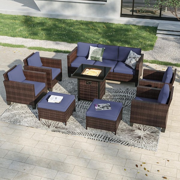 8-Pieces Patio Conversation Set with Square Fire Pit Table and Ottomans, PE Brown Wicker Sofa with Navy Blue Cushion