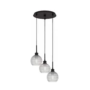 Albany 60-Watt 13.25 in. 3-Light Espresso Cord Pendant Light Clear Ribbed Glass Shade