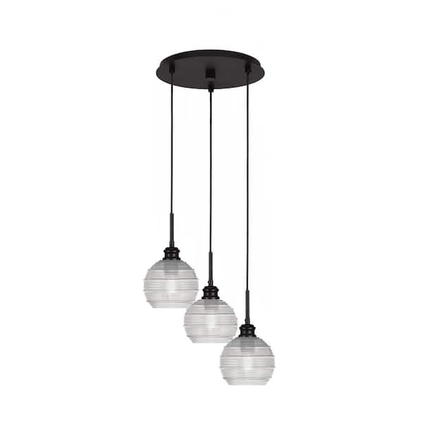 Unbranded Albany 60-Watt 13.25 in. 3-Light Espresso Cord Pendant Light Clear Ribbed Glass Shade