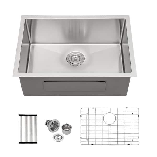 28 in. Undermount 16-Gauge Single Bowl Stainless Steel Kitchen Sink with Bottom Grids, Rolling-Up Rack and Strainer