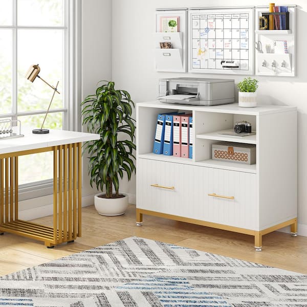 BYBLIGHT Atencio 1-Drawer White Wood 35.43 in. W Lateral File Cabinets with Adjustable Hanging Rod